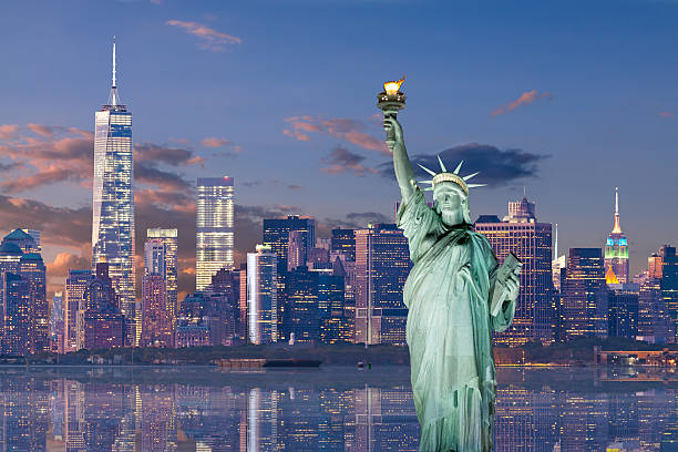 New York City skyline with the Statue of Liberty at dusk